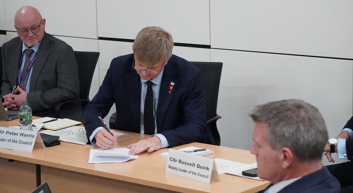 Councillor Peter Harris signing the Cabinet paper confirming Essex County Council’s consent to the Greater Essex Mayoral Strategic Authority